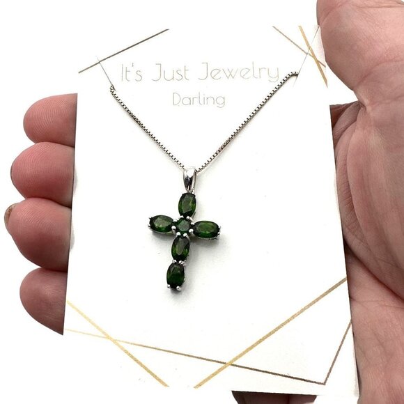 Sterling Silver Womans Necklace Green Tourmaline Cross Best Gift Idea - Picture 1 of 3